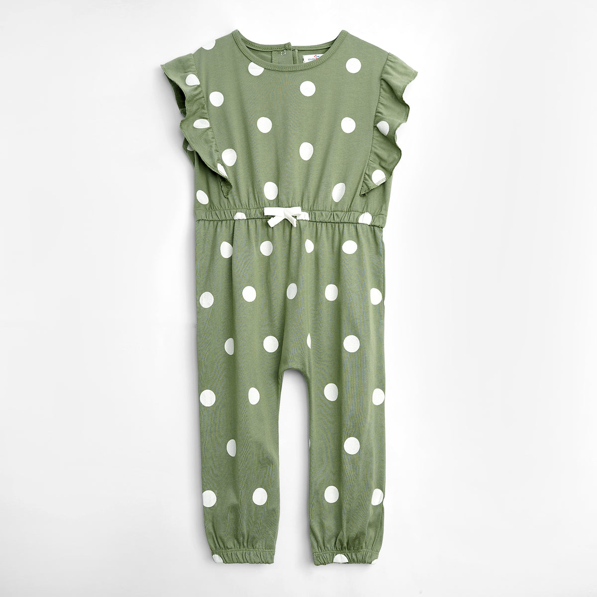 Girls Fashion All Over Polka Dots Printed Olive Green Soft Cotton Frill Jumpsuit