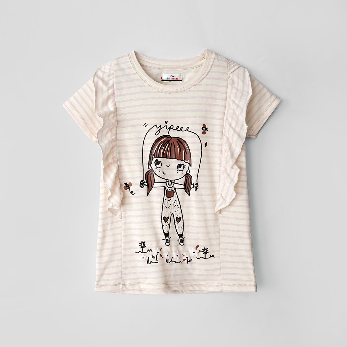 Girls Printed Soft Cotton Frill Shoulder Stripe T-Shirt