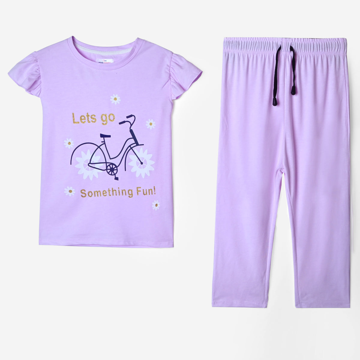 Girls &quot;Lets Go&quot;Printed Soft Cotton Frill Suit