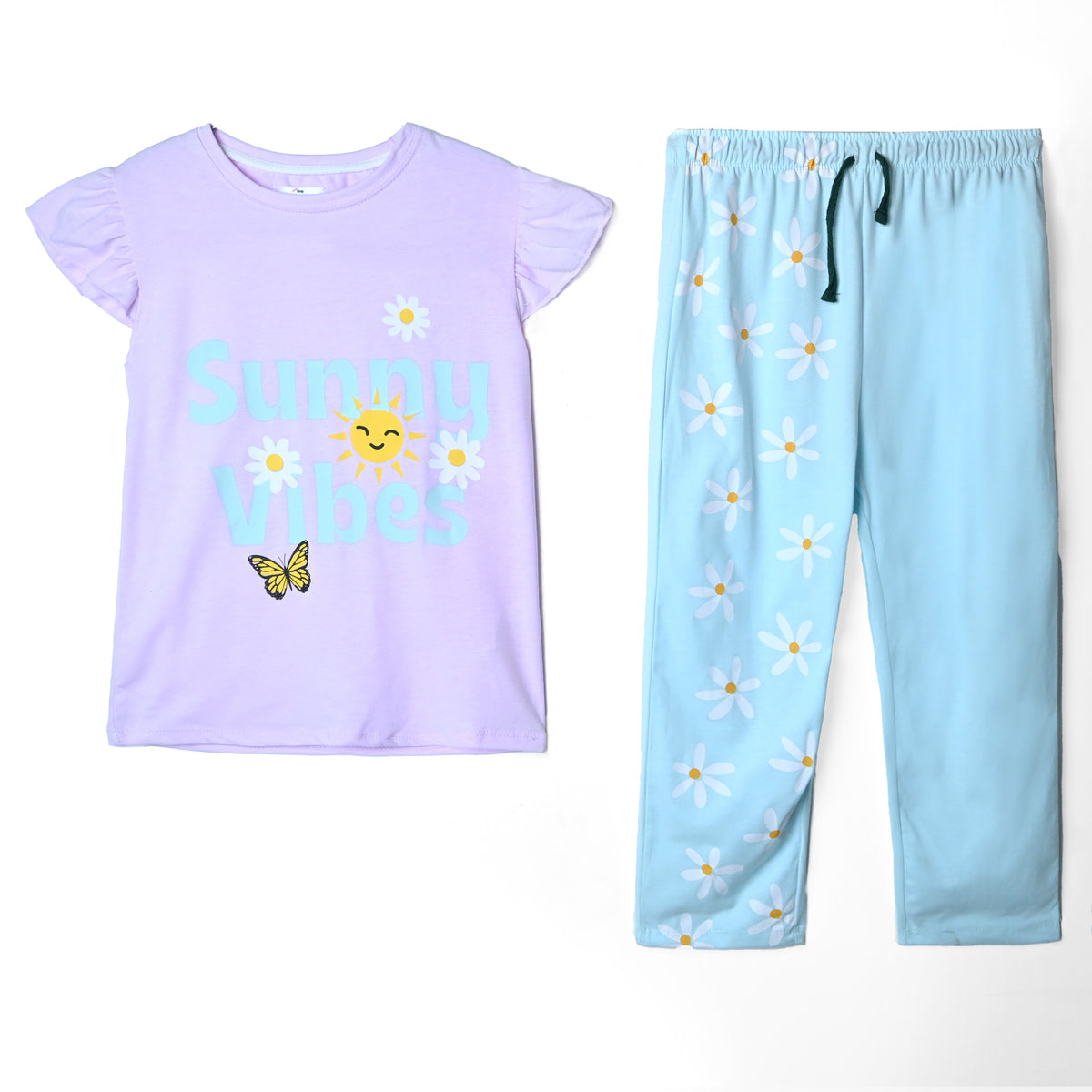 Girls &quot;Sunny Vibes&quot; Printed Soft Cotton Frill Suit