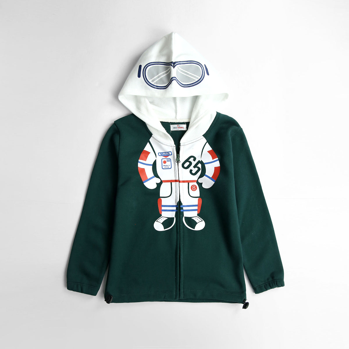 Kids Animated Printed Soft Cotton Green Terry Zipper Hoodie
