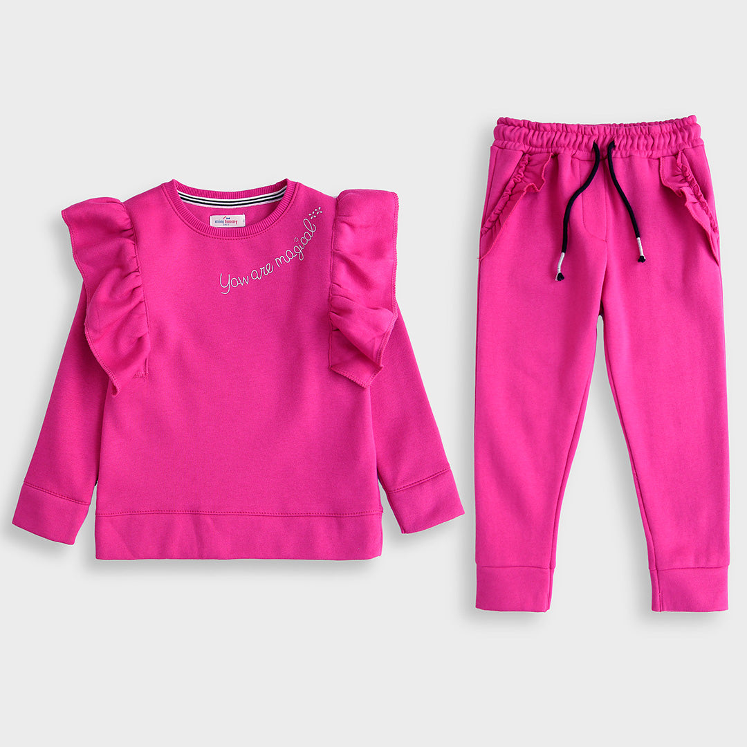 Premium Quality 2 Piece Printed Pink Fleece Suit For Girls