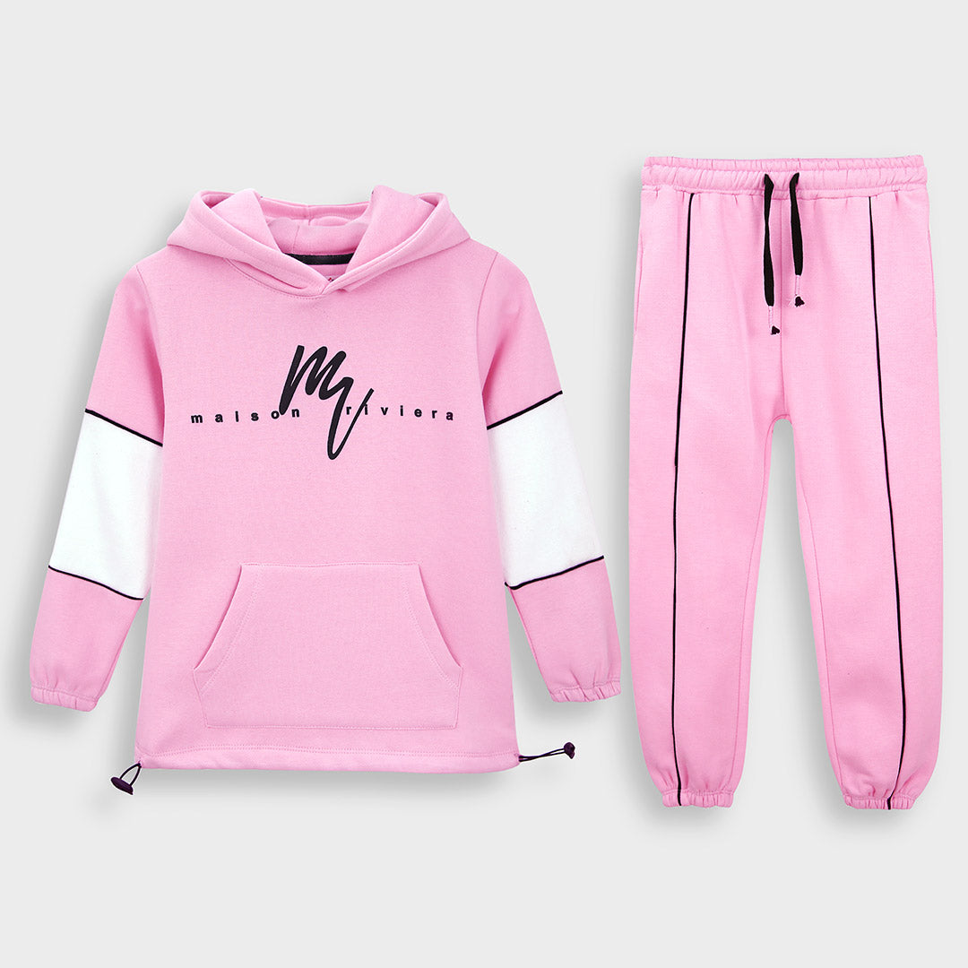 Premium Quality Pink Printed Fleece TrackSuit For Girls
