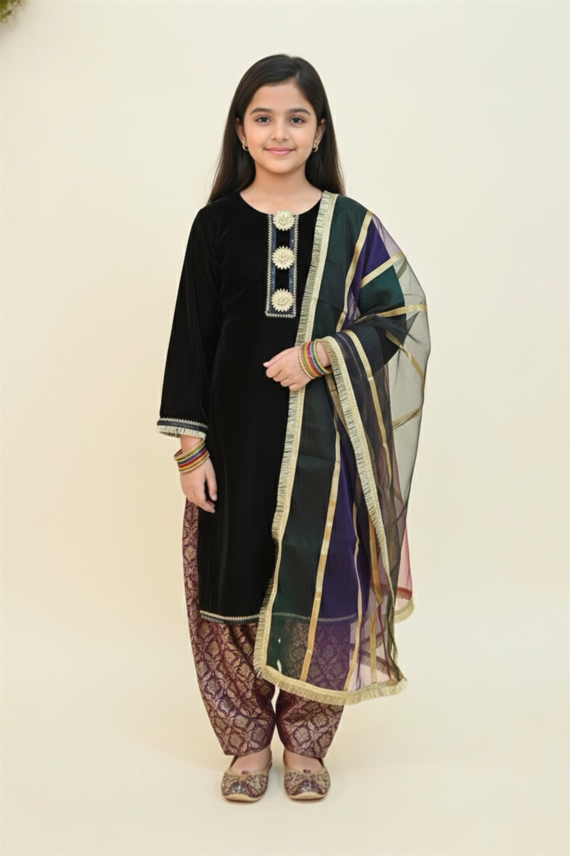 Embroided Velvet Shirt With Shalwar And Dupatta