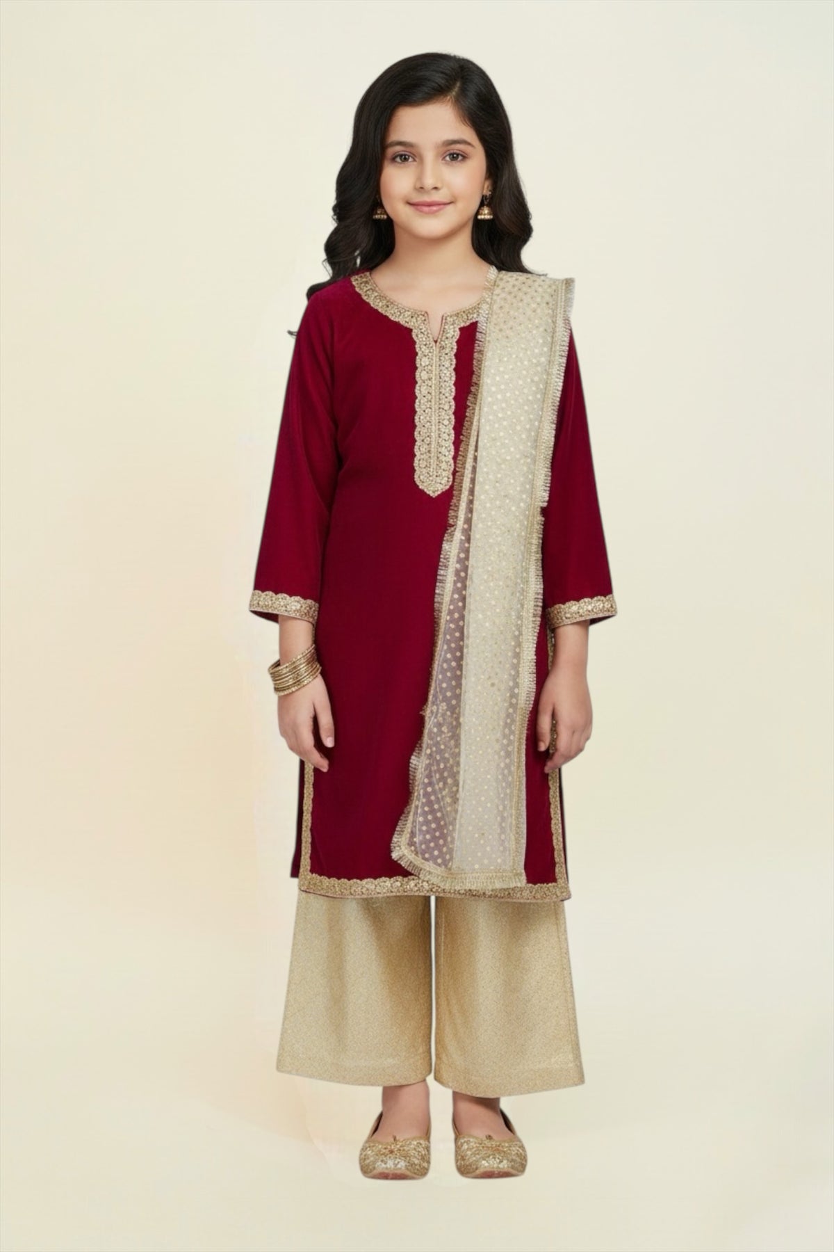 Embroided Velvet Shirt With Trouser And Dupatta
