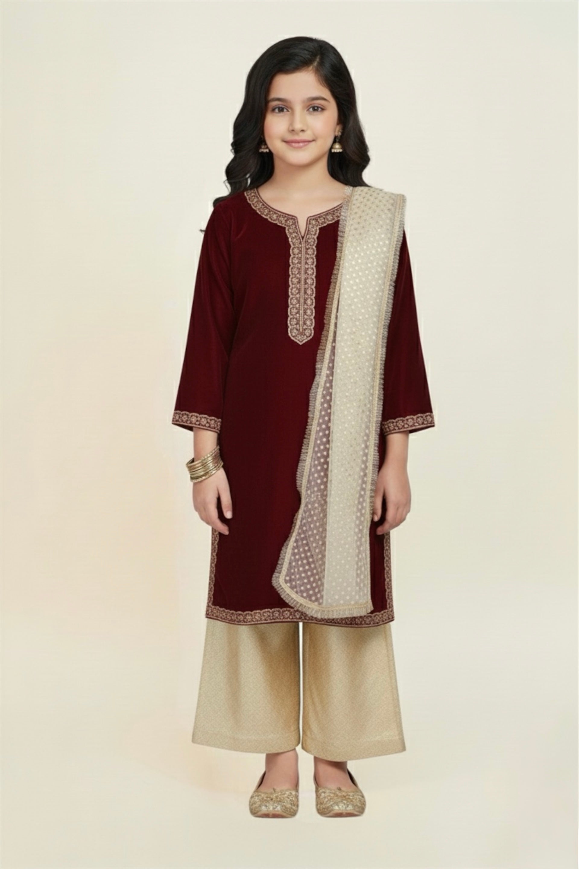 Embroided Velvet Shirt With Trouser And Dupatta