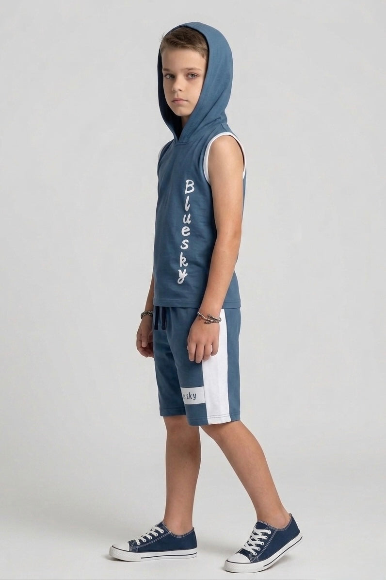 Premium Quality "Blue Sky' Printed Sleevesless Summer Hoodie Suit For Boys