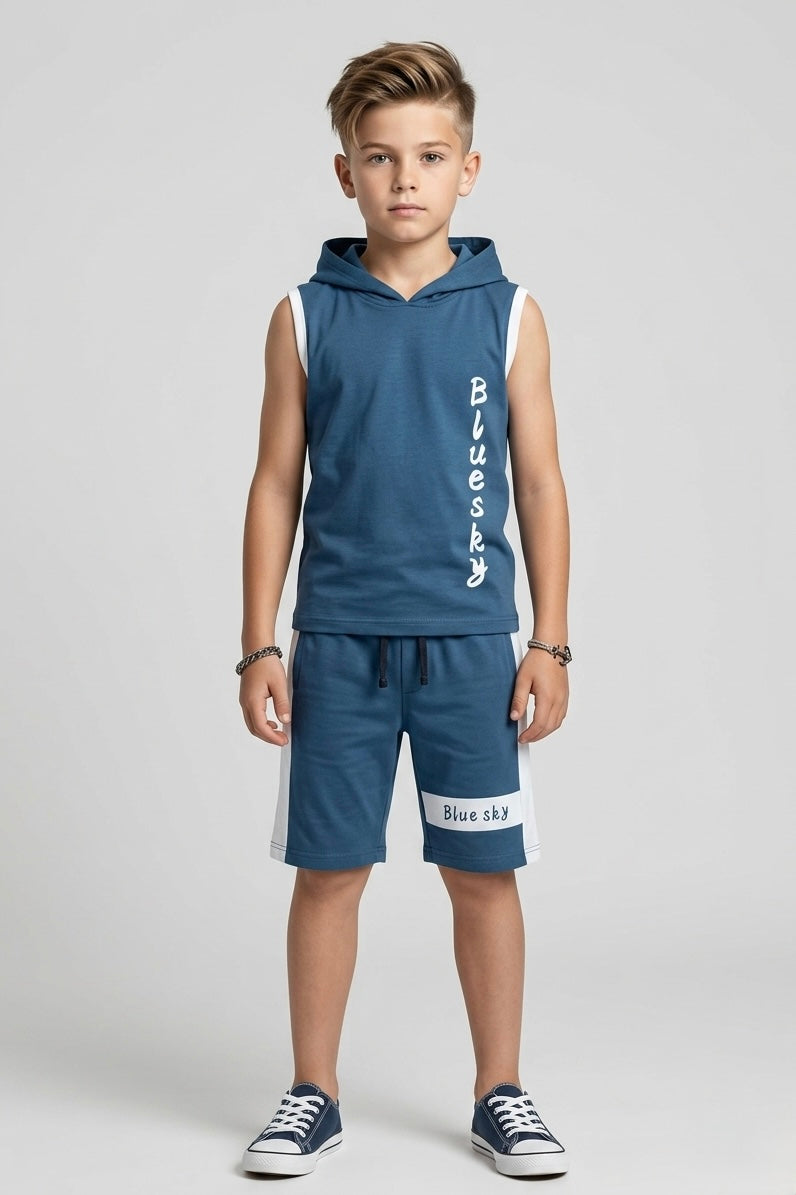 Premium Quality "Blue Sky' Printed Sleevesless Summer Hoodie Suit For Boys