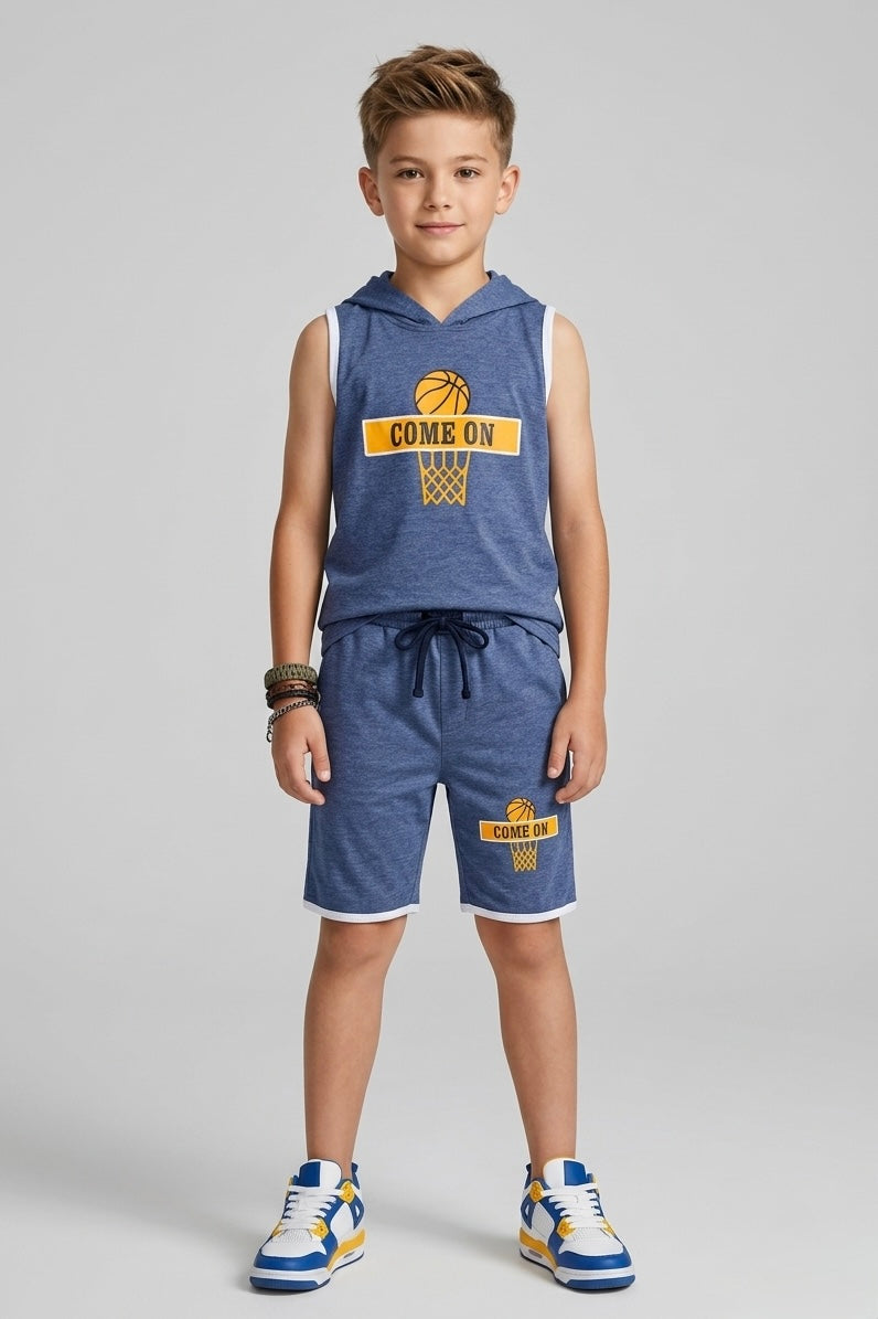 Premium Quality "Basket Ball" Printed Sleevesless Summer Hoodie Suit For Boys