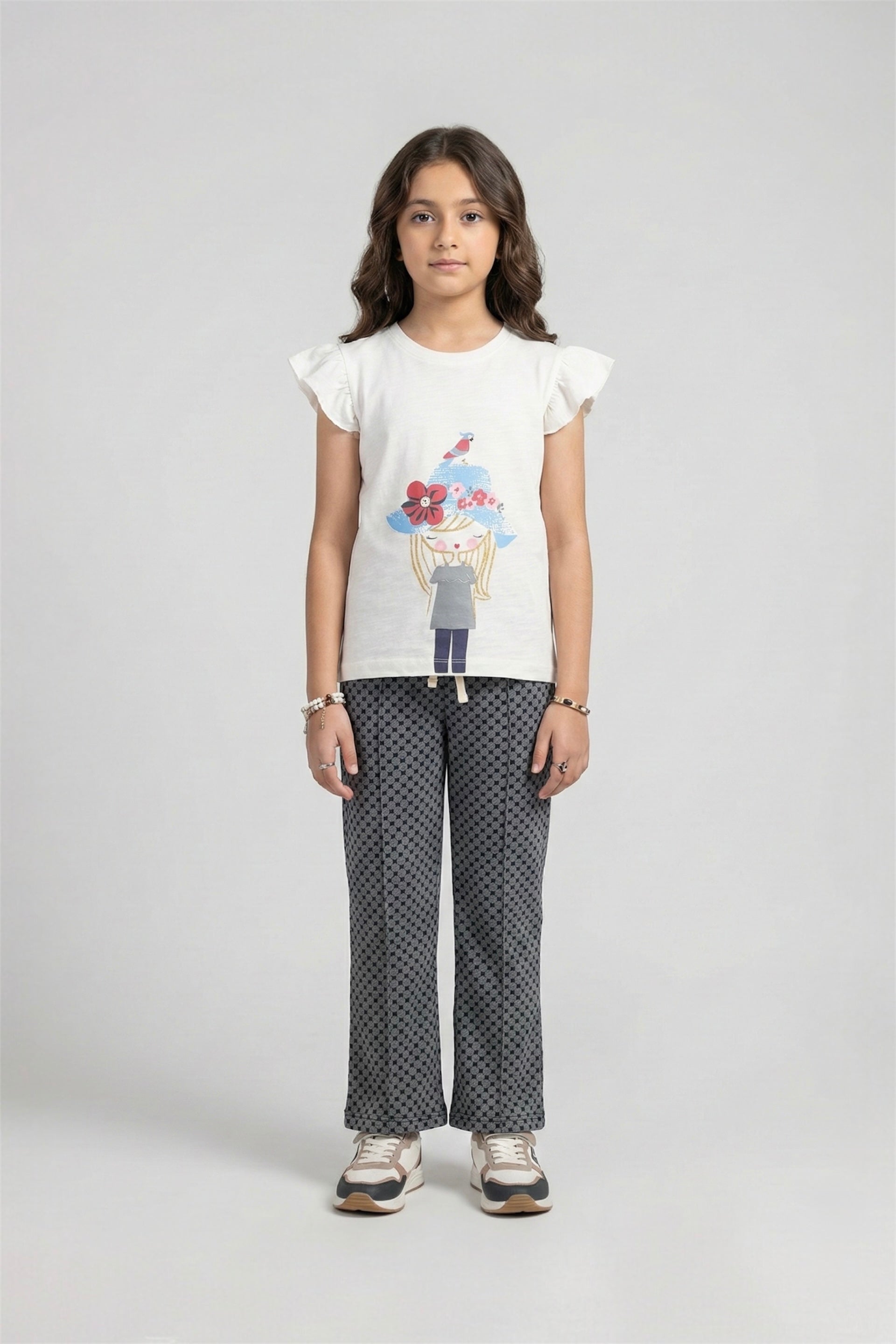 Girls Premium Quality "Cap Girl" Printed Summer Suit With Grey Trouser
