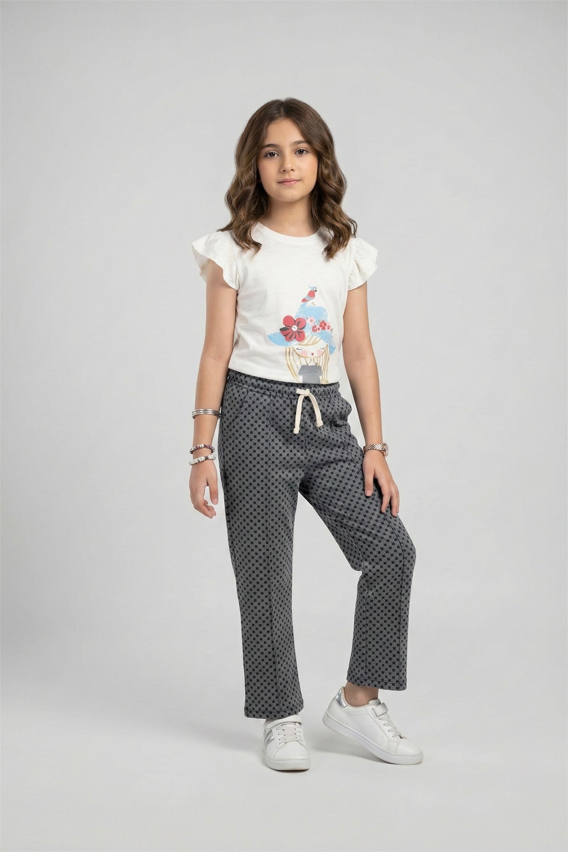 Girls Premium Quality "Cap Girl" Printed Summer Suit With Grey Trouser