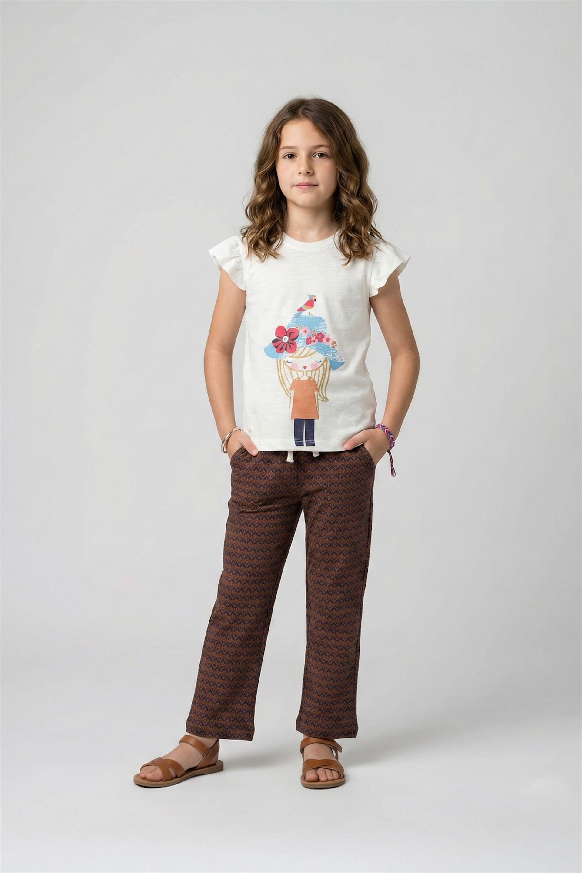 Girl Premium Quality "Cap Girl "Printed Summer Suit With Brown Trouser