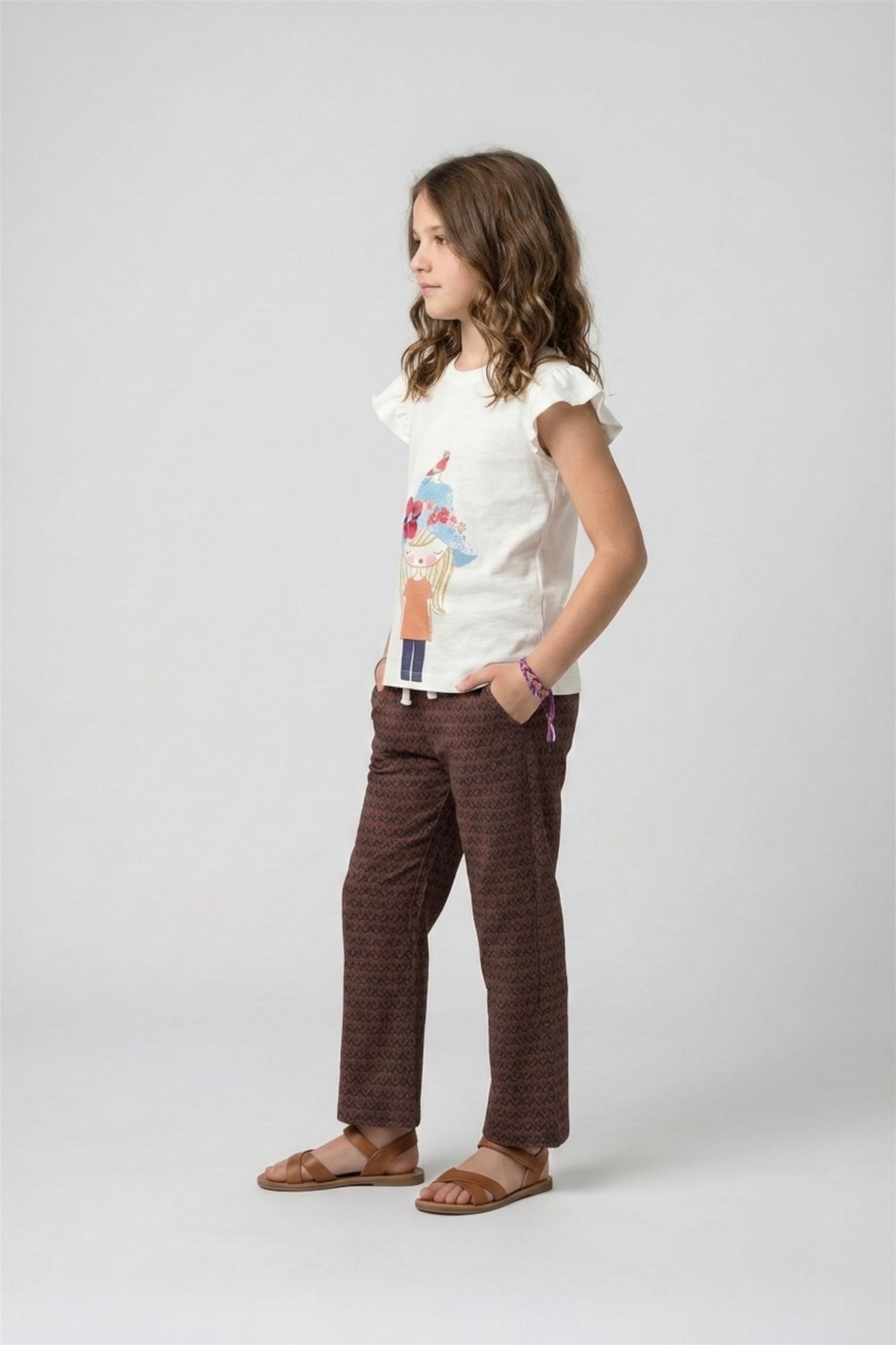 Girl Premium Quality "Cap Girl "Printed Summer Suit With Brown Trouser