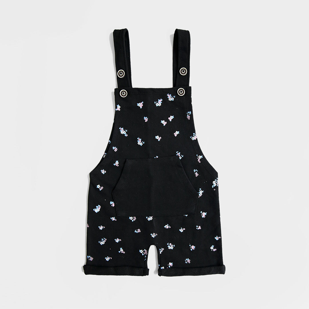 Girls All-Over Printed Soft Cotton Black Dungaree