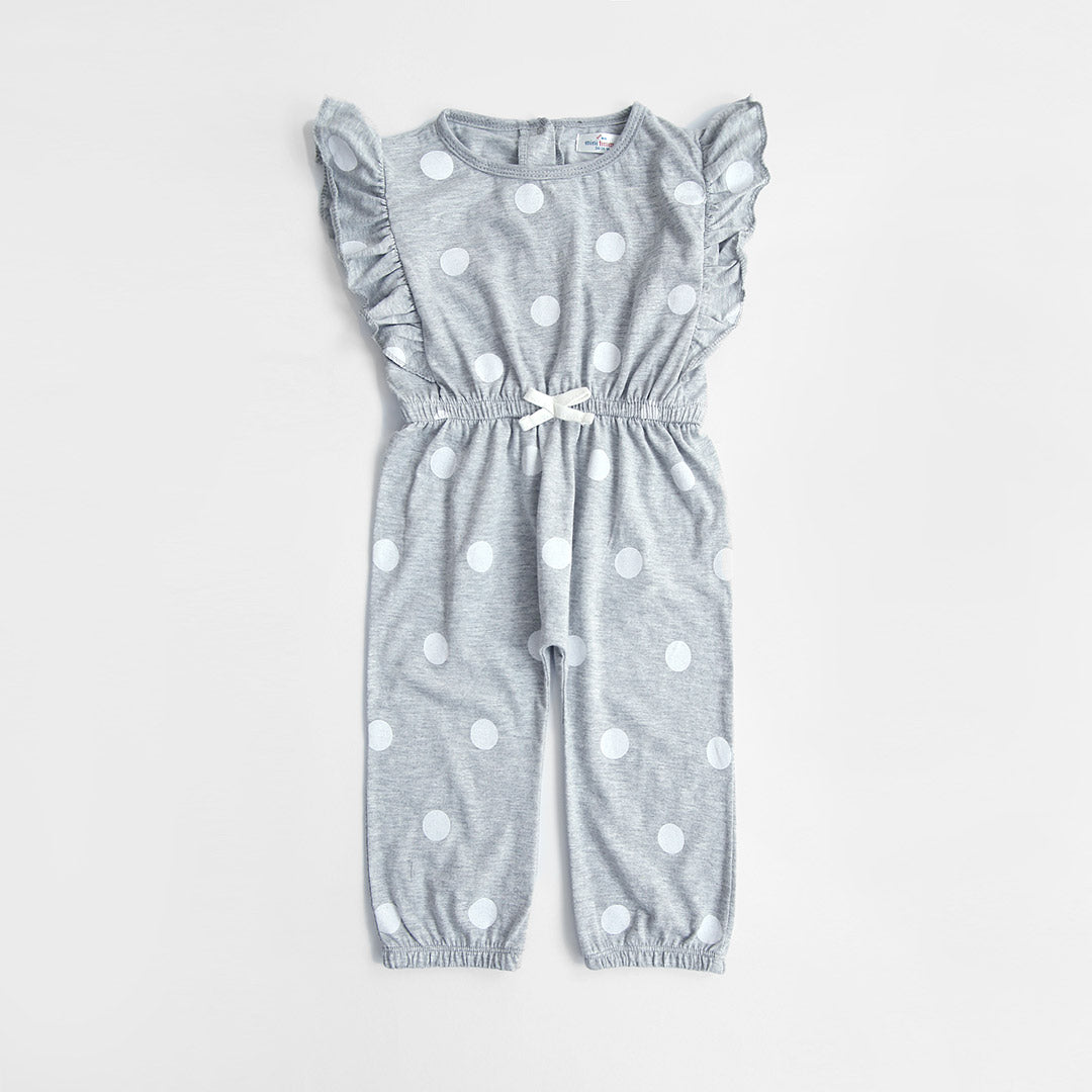 Fashion Allover Polka Dots Printed Soft Cotton Grey Frill Jumpsuit