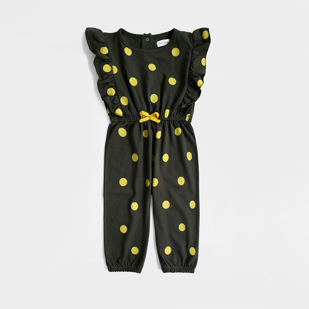 Fashion All Over Polka Dots Printed Soft Cotton Frill Jumpsuit