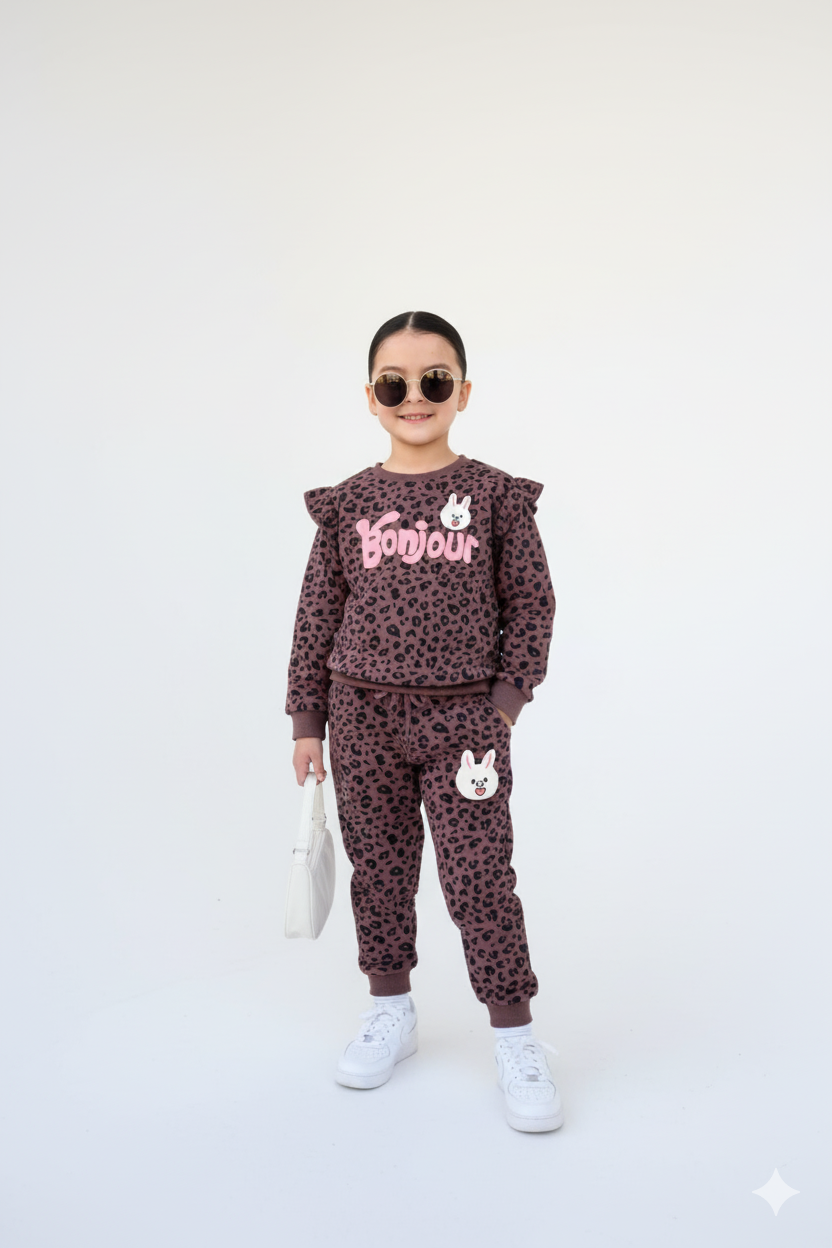 Premium Quality &quot;Bonjour&quot; Printed All-Over Frilled Sweatsuit For Girls