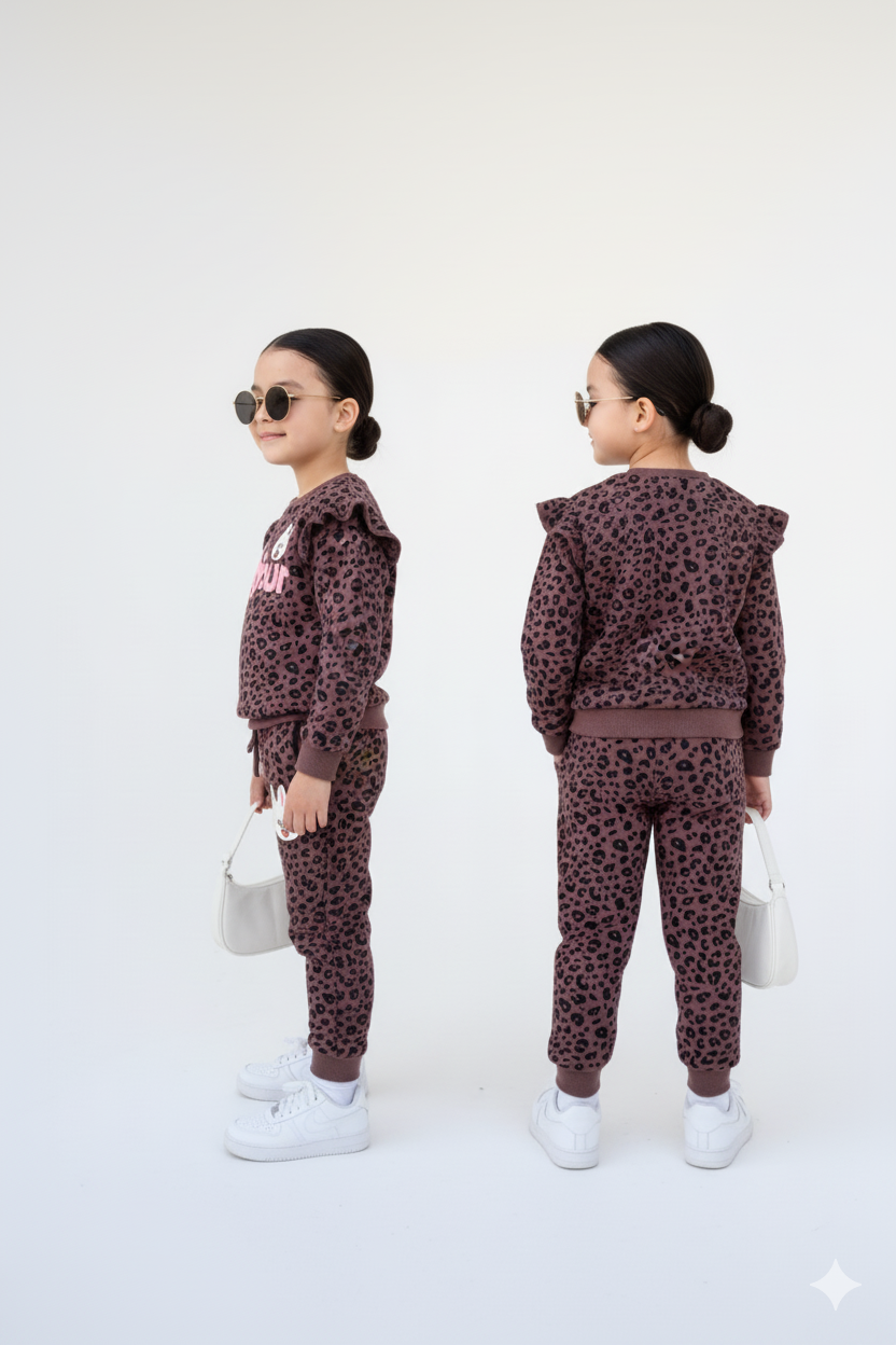 Premium Quality &quot;Bonjour&quot; Printed All-Over Frilled Sweatsuit For Girls