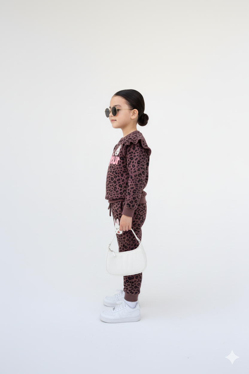 Premium Quality &quot;Bonjour&quot; Printed All-Over Frilled Sweatsuit For Girls