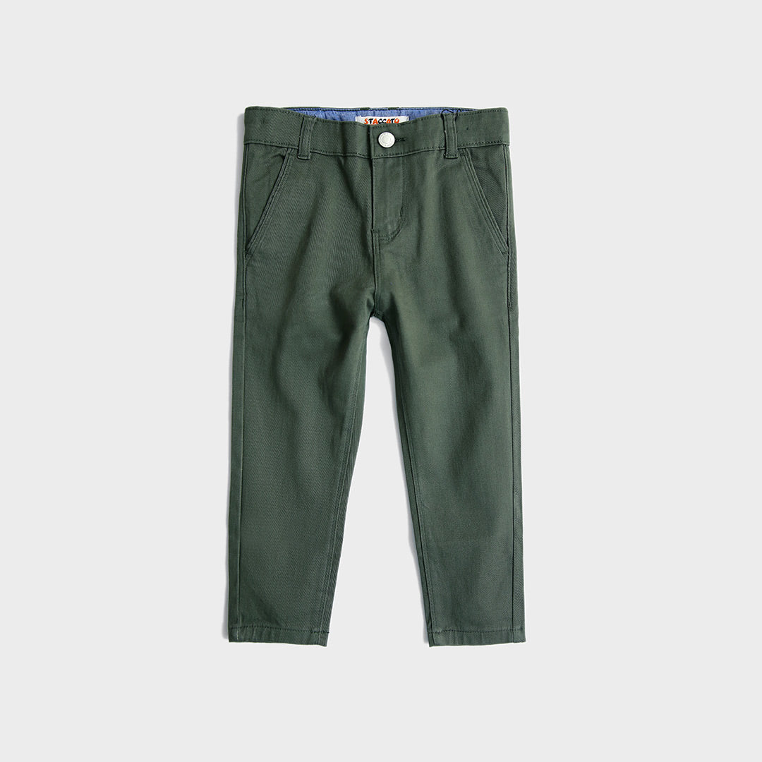 Boys Cotton Dark  Olive Chino With Stretch &amp; Adjustable Waistband