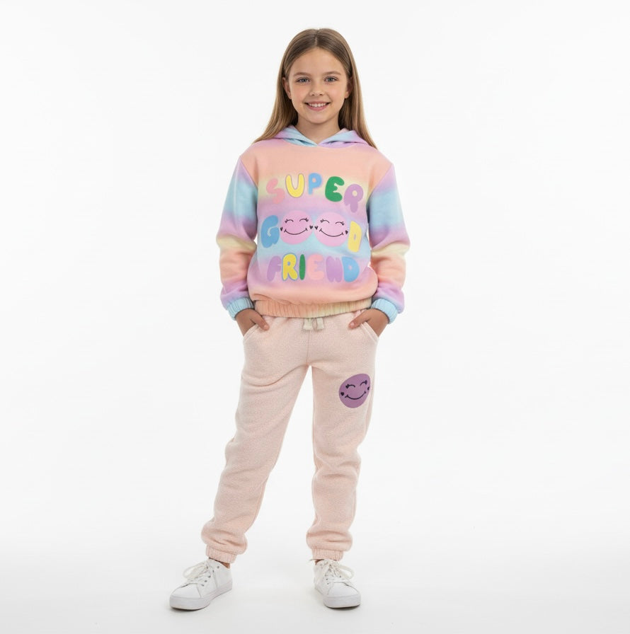 Premium Quality &quot;GOOD Friend&quot; Printed Fleece Pullover Rainbow Hoodie Suit For Girls