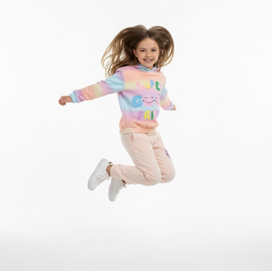 Premium Quality &quot;GOOD Friend&quot; Printed Fleece Pullover Rainbow Hoodie Suit For Girls