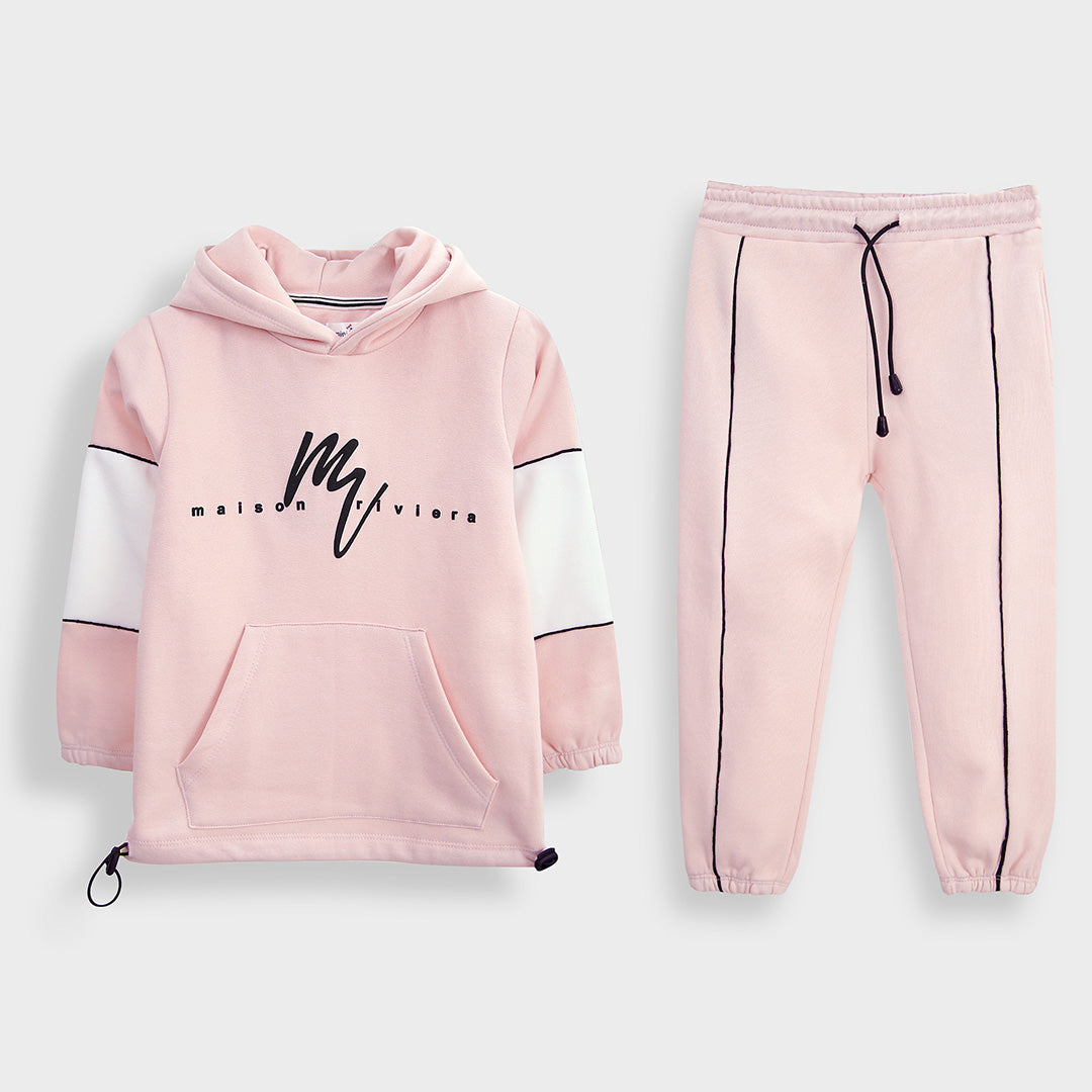 Premium Quality Baby Pink Printed Fleece TrackSuit For Girls