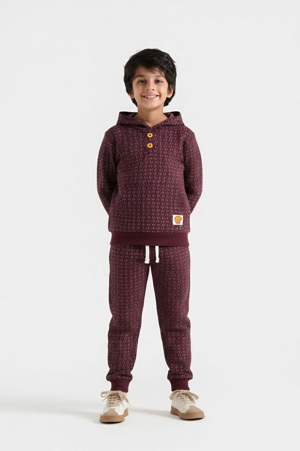 Premium Quality Quilted Jacquard Maroon Tracksuit For Kids.