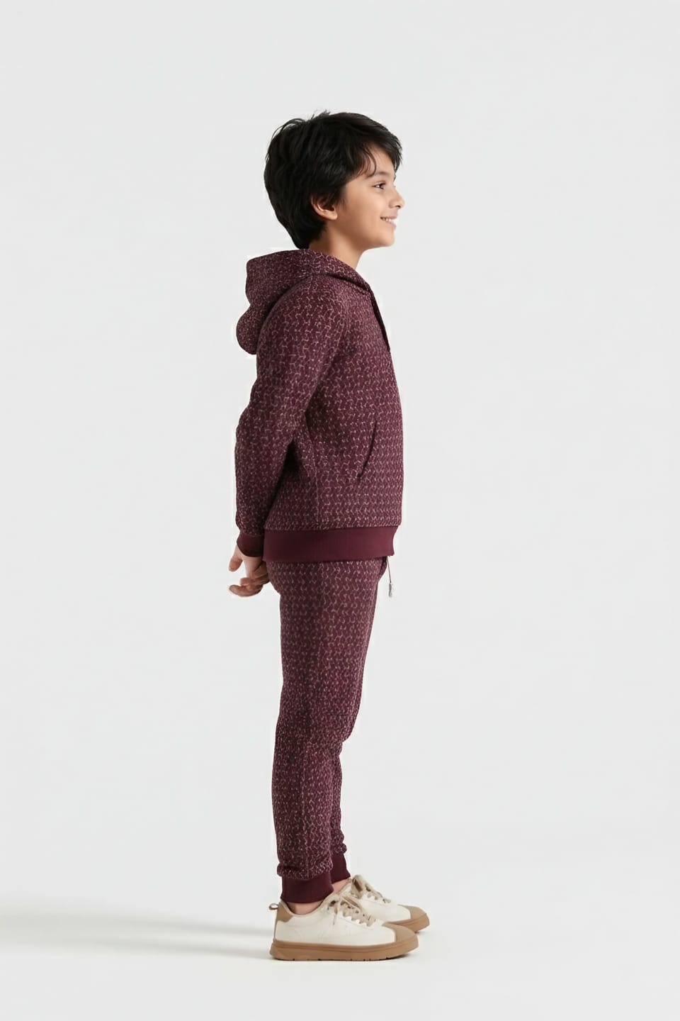 Premium Quality Quilted Jacquard Maroon Tracksuit For Kids.