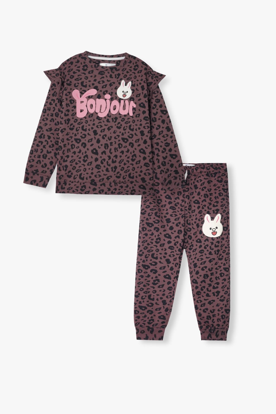 Premium Quality &quot;Bonjour&quot; Printed All-Over Frilled Sweatsuit For Girls