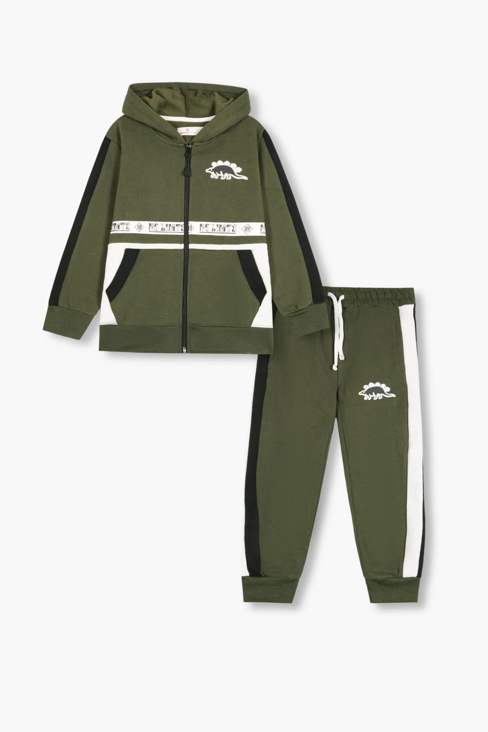 Premium Quality "Dino" Printed Pannel Olive Hoodie Suits For Kids