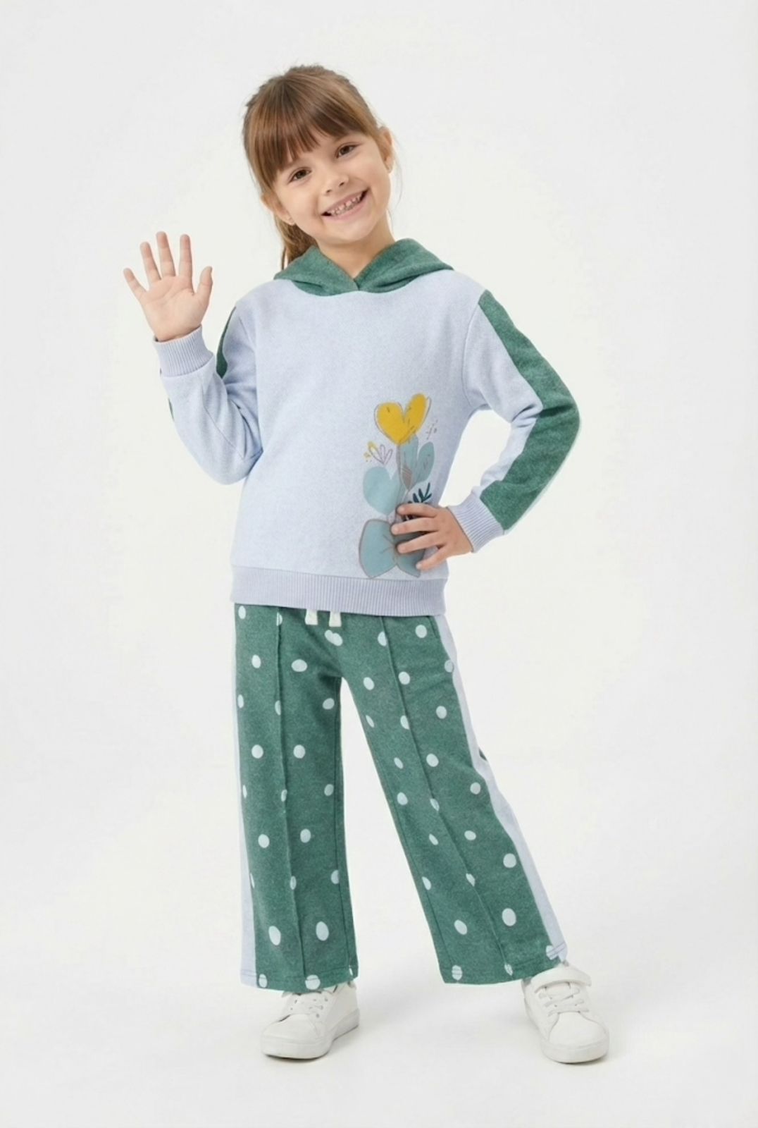 Premium Quality "Flower" Printed Knit Sweater Fleece Hoodie Suit With Polka Dot trouser For Kids