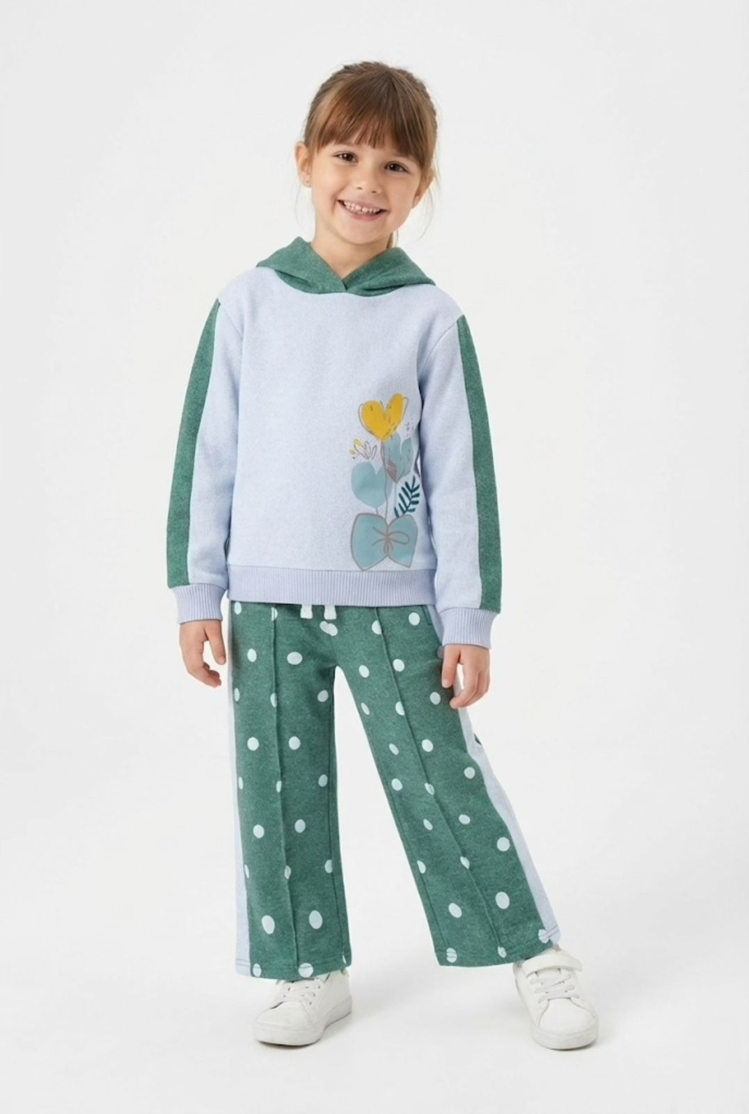 Premium Quality "Flower" Printed Knit Sweater Fleece Hoodie Suit With Polka Dot trouser For Kids