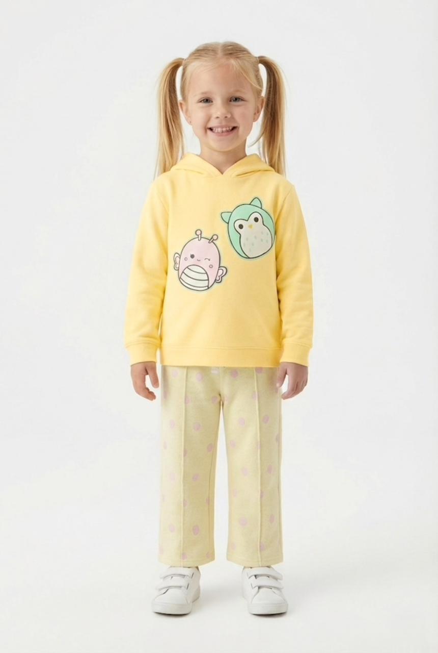 Premium Quality Printed Knit Sweater Fleece Hoodie Suit With Polka Dot Trouser For Kids