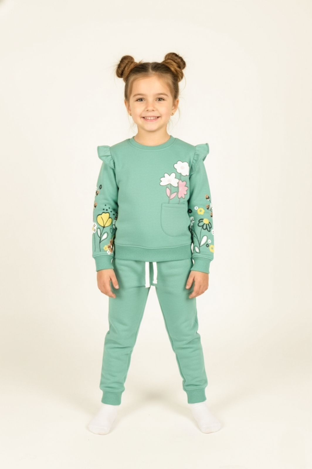 Premium Quality "Flowers" Printed Fleece Sweatsuit For Girls