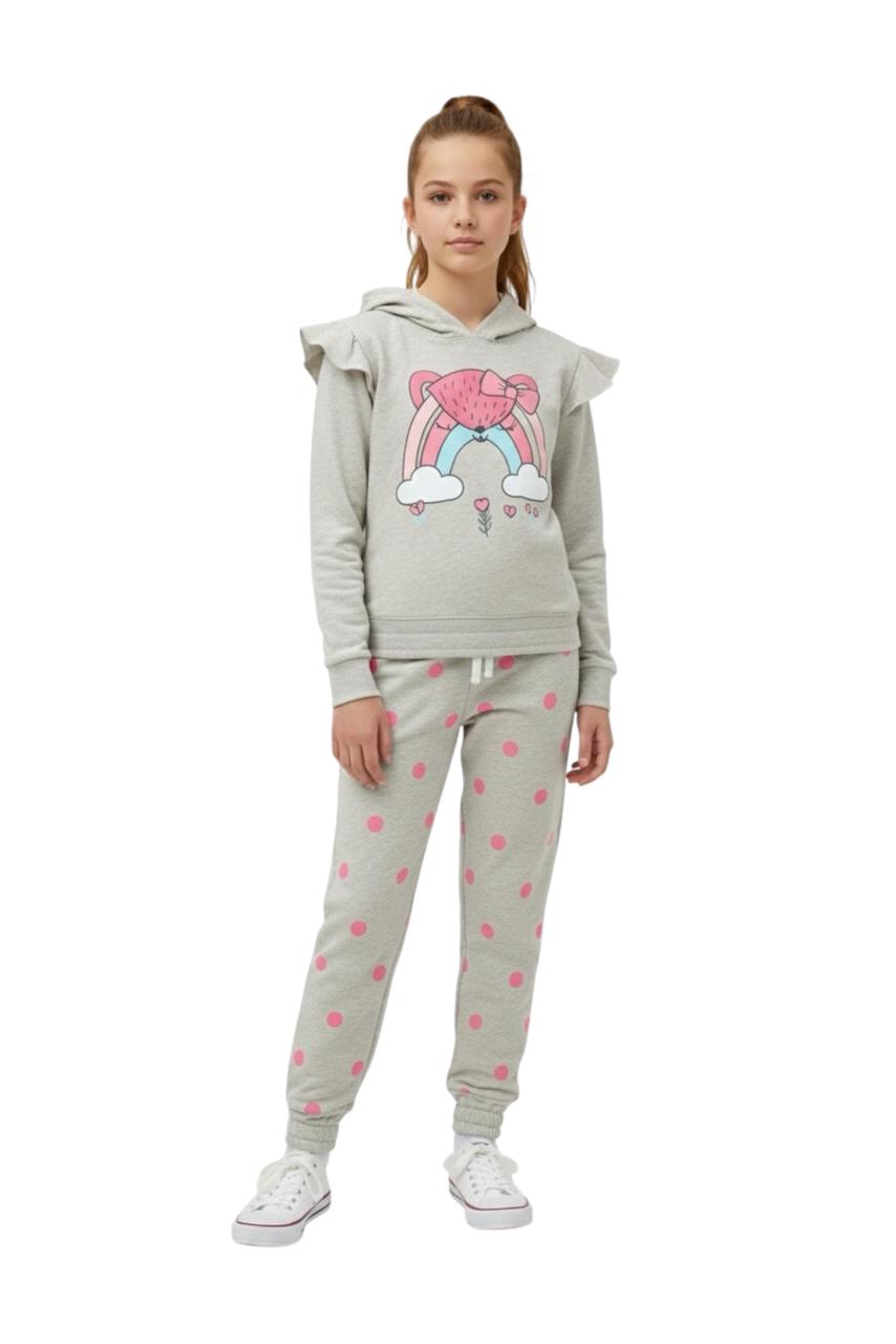 Premium Quality "Rainbow" Printed Fleece Hoodiesuit With Polka Dot For Girls