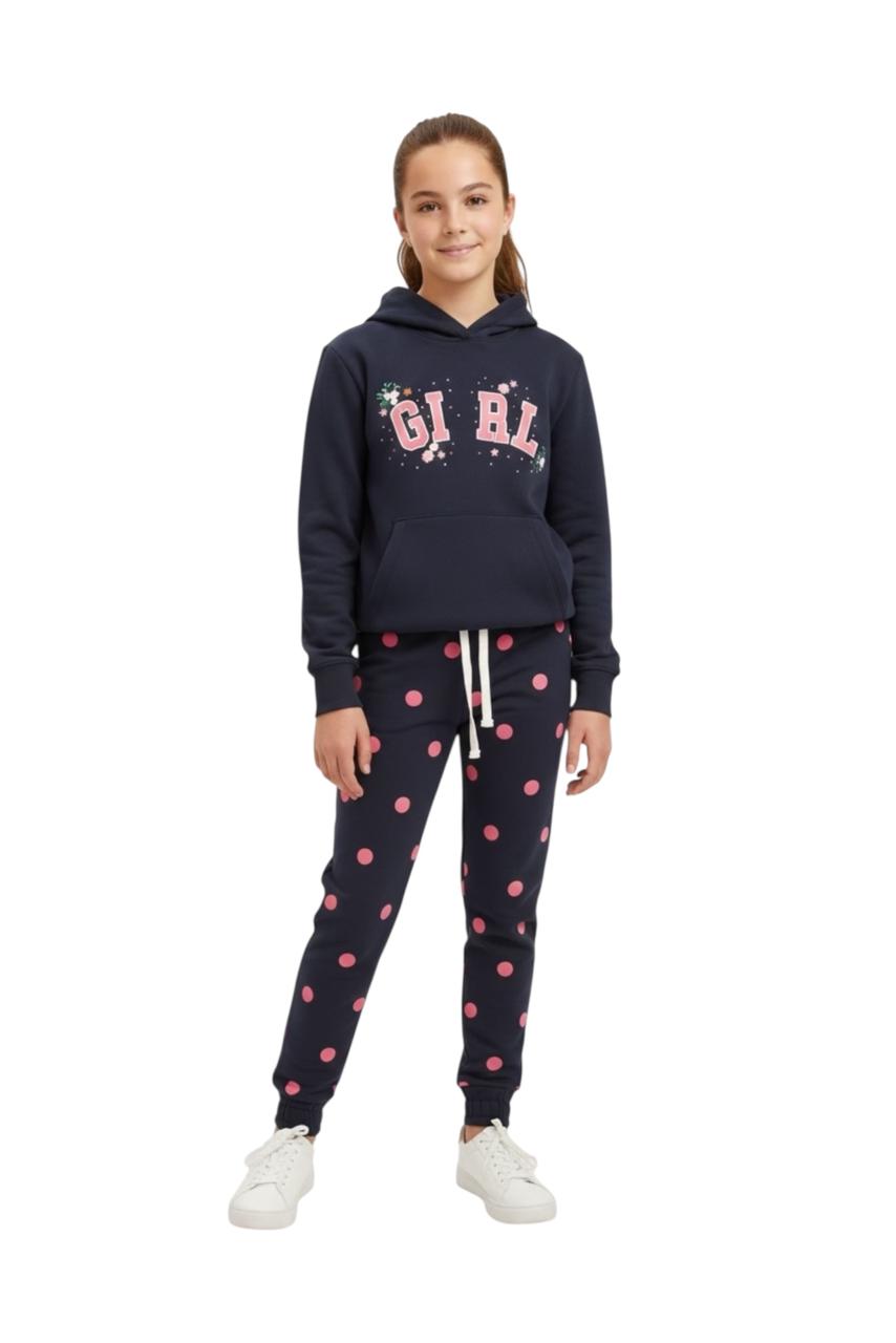 Premium Quality "Girl" Printed Fleece Hoodie suit With Polka Dot For Girls