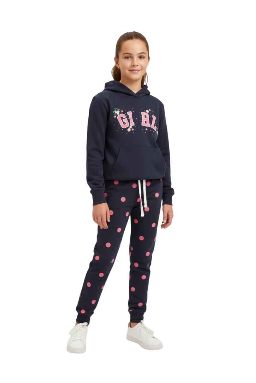 Premium Quality "Girl" Printed Fleece Hoodie suit With Polka Dot For Girls