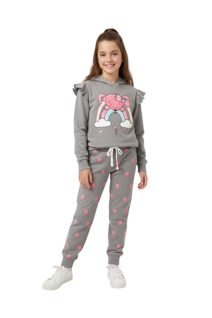 Premium Quality "Rainbow" Printed Fleece Hoodie  suit With Polka Dot For Girls
