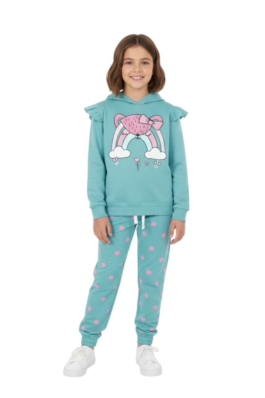 Premium Quality "Rainbow" Printed Fleece Hoodie  suit With Polka Dot For Girls