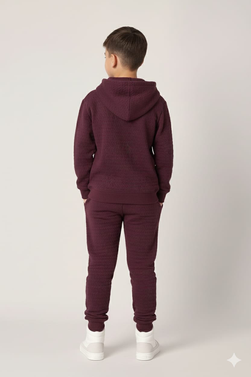 Premium Quality Quilted Jacquard Mahroon Tracksuit For Kids.