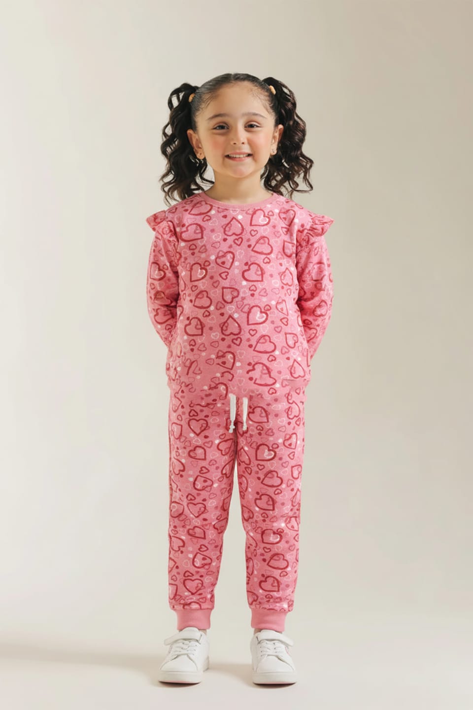 Premium Quality &quot;Hearts&quot; Printed All-Over Frilled Sweat Suit For Girls