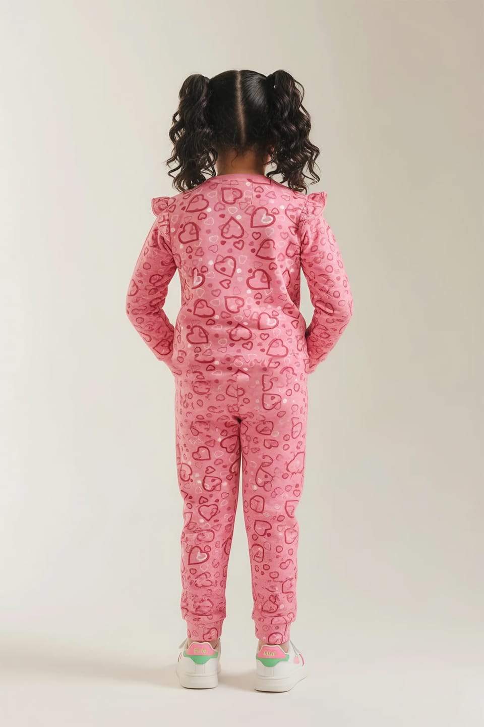 Premium Quality &quot;Hearts&quot; Printed All-Over Frilled Sweat Suit For Girls
