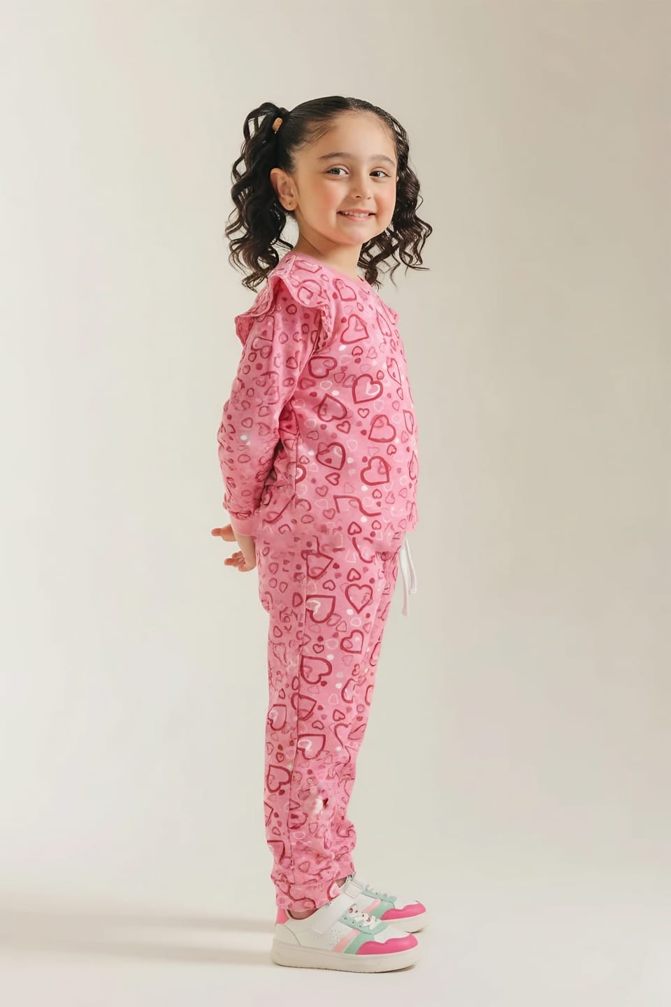 Premium Quality &quot;Hearts&quot; Printed All-Over Frilled Sweat Suit For Girls