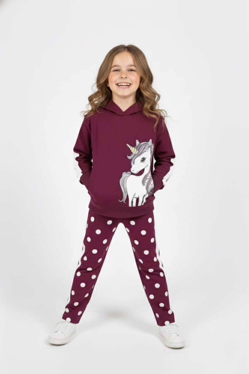 Premium Quality "Unicorn" Printed Fleece Suit With Polka Dot Trouser For Girls