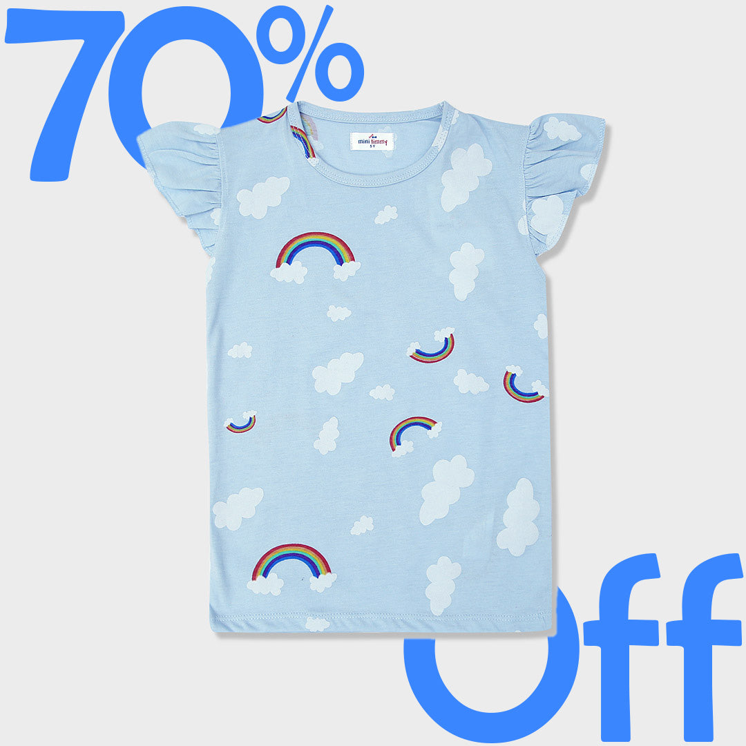 Girls All-Over Printed Soft Cotton Sky Blue T-Shirt
