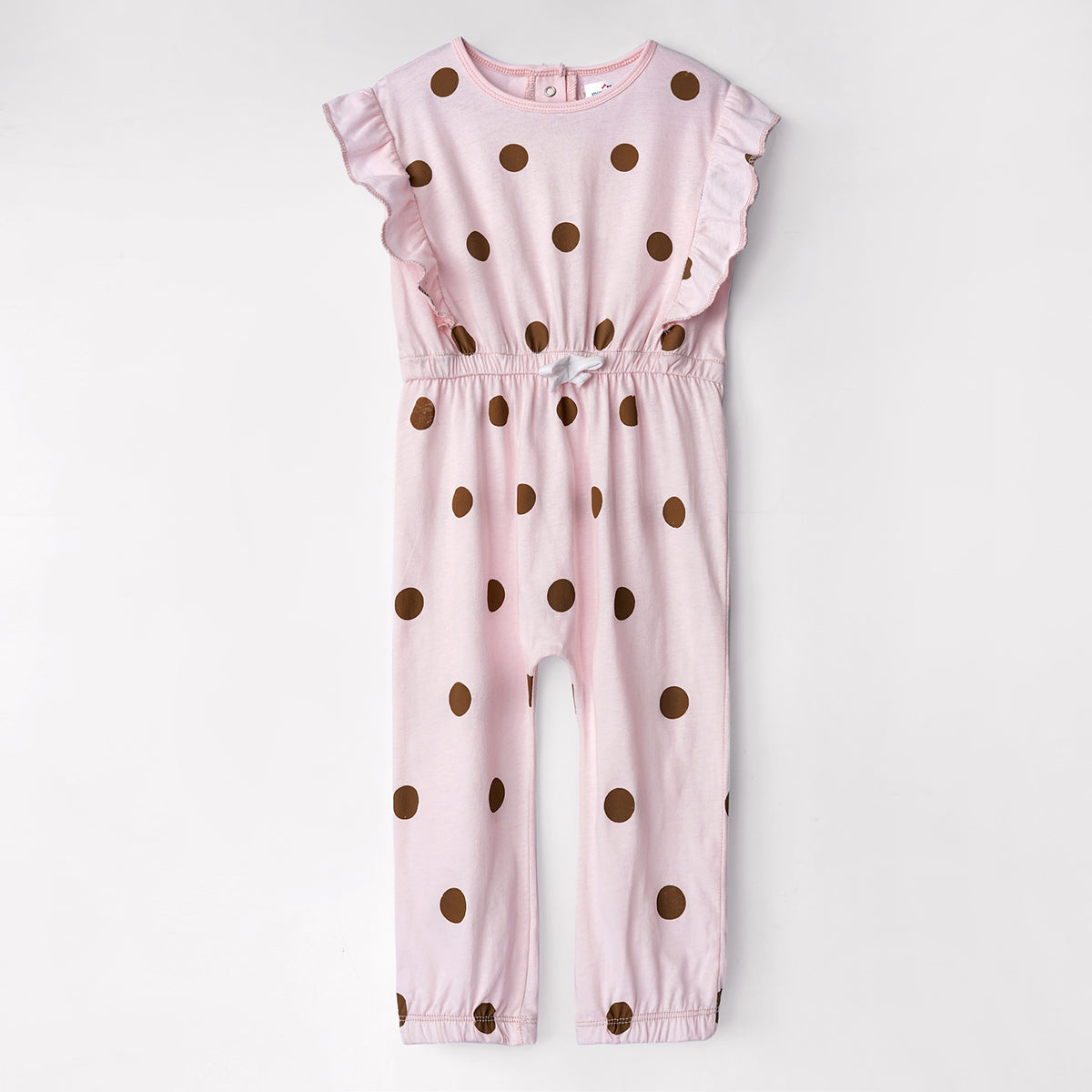 Girls All-Over Polka Dots Printed Pink Soft Cotton Frill Jumpsuit