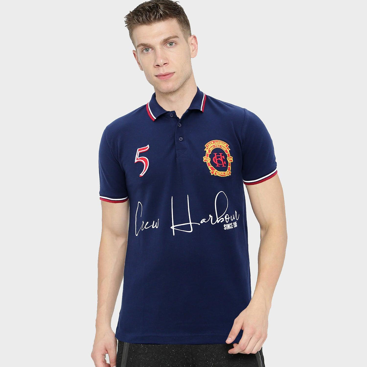 Mens Navy Premium Quality Slim Fit Embellished Embroidered Pique Polo Shirt (CR-11243) - Brands River