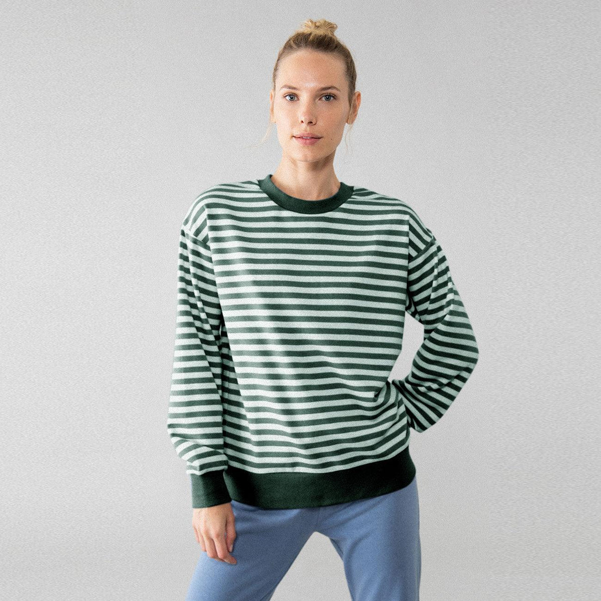 Women Green And White Striped Premium Quality Sweatshirt (LF-11025) - Brands River