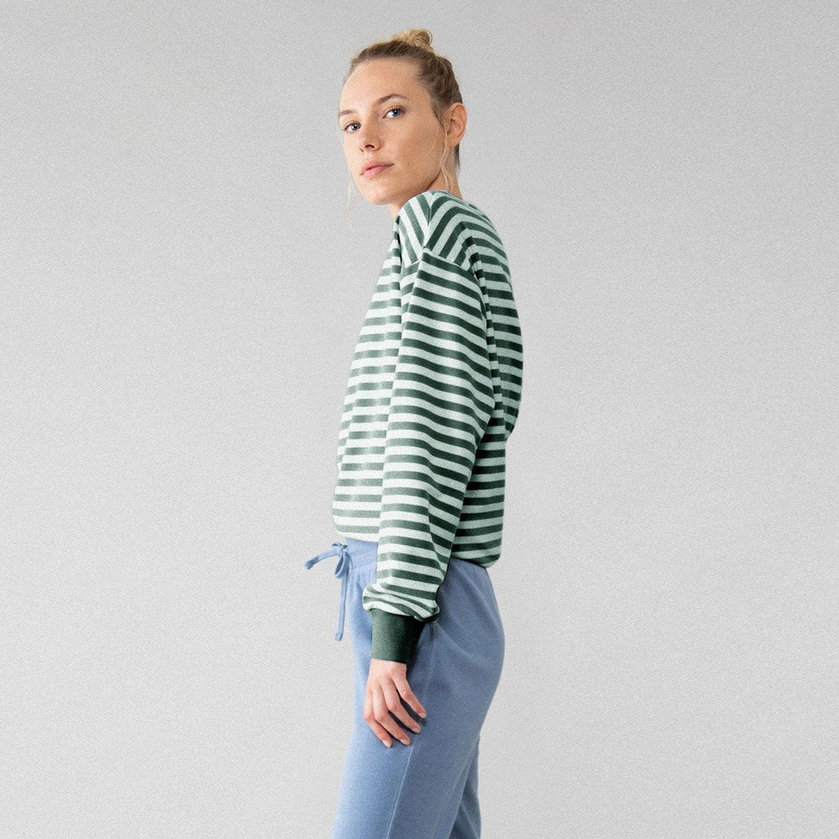 Women Green And White Striped Premium Quality Sweatshirt (LF-11025) - Brands River